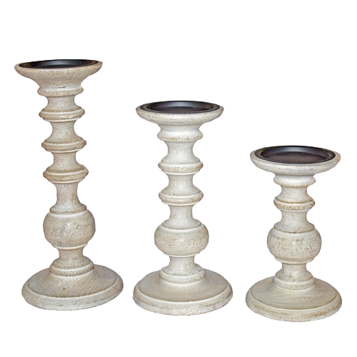 Whitewashed Pillar Candle Stand Trio