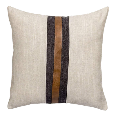 Beige Pillow with Brown Leather Stripe