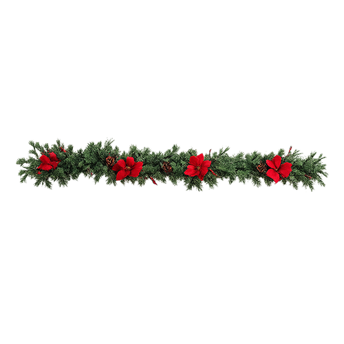 9' Pine Garland with Poinsettia and Pinecones